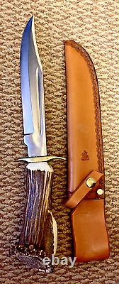 LG Forged Steel Hunting Bowie Knife Crown Stag Antler Handle & Cowhide sheath