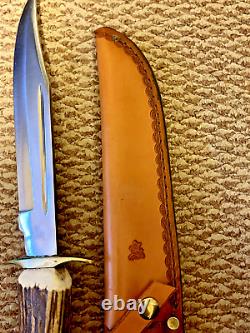 LG Forged Steel Hunting Bowie Knife Crown Stag Antler Handle & Cowhide sheath