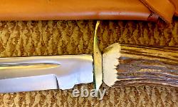 LG Forged Steel Hunting Bowie Knife Crown Stag Antler Handle & Cowhide sheath