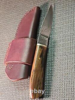 LKW CUSTOM Damascus Fixed Blade Knife With Custom Leather Sheath VERY NICE