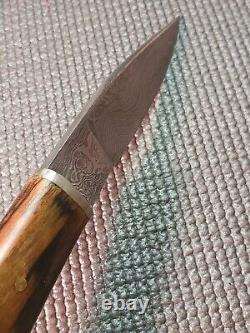 LKW CUSTOM Damascus Fixed Blade Knife With Custom Leather Sheath VERY NICE