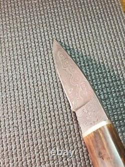 LKW CUSTOM Damascus Fixed Blade Knife With Custom Leather Sheath VERY NICE