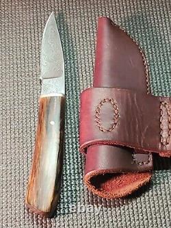 LKW CUSTOM Damascus Fixed Blade Knife With Custom Leather Sheath VERY NICE