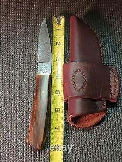 LKW CUSTOM Damascus Fixed Blade Knife With Custom Leather Sheath VERY NICE