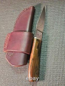 LKW CUSTOM Damascus Fixed Blade Knife With Custom Leather Sheath VERY NICE