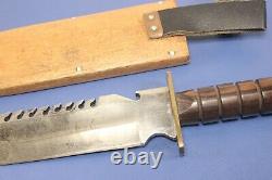 Large Survival Hunting Knife Bowie Sawback Wood Handle Scabbard