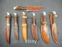 Lot of 7 vintage WESTERN Boulder HUNTING KNIVES withsheaths OLDER KNIFE COLLECTION