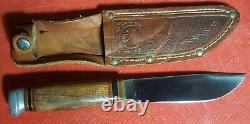 MARBLE BOY'S KNIFE EXPERT WOOD WOODEN Vtg antique Blade withSheath RARE