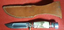 MARBLE KNIFE Vtg IDEAL FAT HANDLE STAG Fixed Blade withSheath
