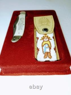 NM 1983 Schrade Kachina Scrimshaw Hunter Knife Beaded Sheath Limited Edition