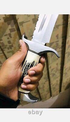 New Custom Handmade 5160 Steel Bowie Mirror Polished Hunting Knife, Stag Handle