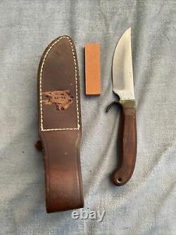 Olsen OK Knife with Brown Leather Case Inlcudes Knife Sharpener Skinner Hunting