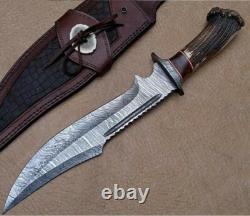 Original Damascus Bowie Knife -Hand Forged Stag Antler Handle Hunting/Camping