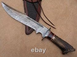 Original Damascus Bowie Knife -Hand Forged Stag Antler Handle Hunting/Camping
