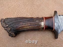 Original Damascus Bowie Knife -Hand Forged Stag Antler Handle Hunting/Camping
