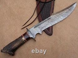 Original Damascus Bowie Knife -Hand Forged Stag Antler Handle Hunting/Camping