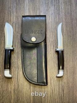 Pre Date Code Buck #104 Twin Knife Set with102 & 103 Fixed Blades, Leather Sheath