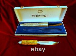 RARE 3-Pc Set MINTY 1951 HAUGRUD NORWAY PUUKKO BIRCH BURL HUNTING KNIFE CASE BOX