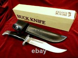 Rare 1972-86 FAMOUS BUCK USA 119 BOWIE SET Vtg. HUNTING SKINNER KNIFE, BOX, CASE