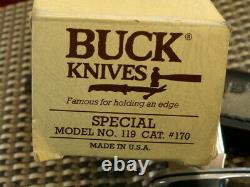 Rare 1972-86 FAMOUS BUCK USA 119 BOWIE SET Vtg. HUNTING SKINNER KNIFE, BOX, CASE