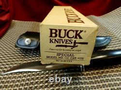 Rare 1972-86 FAMOUS BUCK USA 119 BOWIE SET Vtg. HUNTING SKINNER KNIFE, BOX, CASE