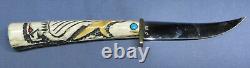 Rare Ted Miller Stag Paring Knife #3379 withTurquoise & Coral Stones withStand