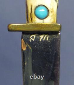 Rare Ted Miller Stag Paring Knife #3379 withTurquoise & Coral Stones withStand