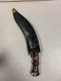 Rare Vintage India Kukri Gurkha Fixed Blade Knife with Wood Handle Leather Sheath