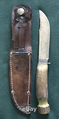 Remington USA Dupont RH 73 Vintage STAG HANDLE Hunting Knife WithLeather Sheath