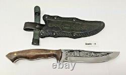 Russian Hunting Knife 5 1/2 Blade Hardwood Handle with Embossed Leather Sheath