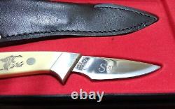 SCHRADE SCRIMSHAW USA 1981 GEESE LITTTLE FINGER FIXED BLADE KNIFE WithSHEATH SC509