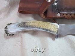 Silver Stag Knife with Antler Handle and leather case Alaska camper LN