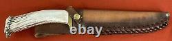 Silver Stag Short 8 Bowie Hunting Knife Crown Antler Handle Leather Sheath