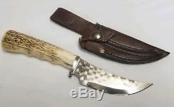 Silver Stag Skinner Knife w Deer Elk antler handle and leather sheath NWTF SE