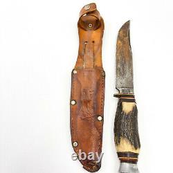 Solingen 909 Knife Stag Antler Handle Leather Sheath Hunting 9.5 Germany JD47