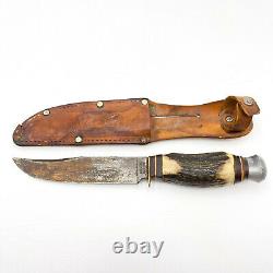 Solingen 909 Knife Stag Antler Handle Leather Sheath Hunting 9.5 Germany JD47