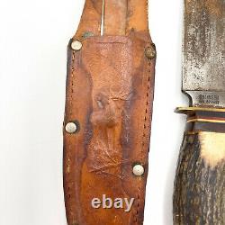 Solingen 909 Knife Stag Antler Handle Leather Sheath Hunting 9.5 Germany JD47