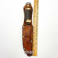 Solingen 909 Knife Stag Antler Handle Leather Sheath Hunting 9.5 Germany JD47