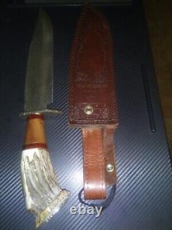 Stag Handle Crown Hunter Bowie Knife with Leather Sheath