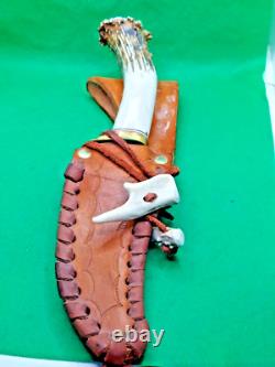Stag handle fixed blade knife, WITH LEATHER SHEATH, could be Ken Richardson