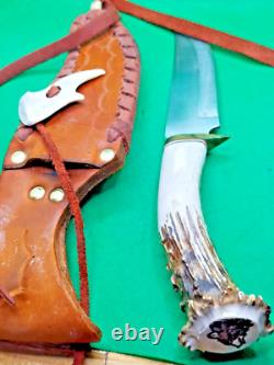Stag handle fixed blade knife, WITH LEATHER SHEATH, could be Ken Richardson