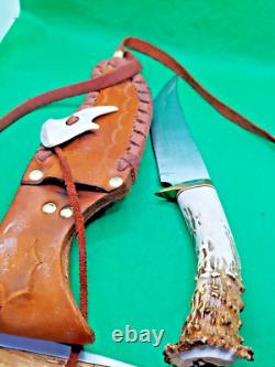 Stag handle fixed blade knife, WITH LEATHER SHEATH, could be Ken Richardson