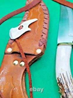 Stag handle fixed blade knife, WITH LEATHER SHEATH, could be Ken Richardson