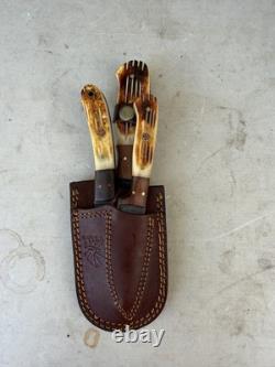Titan Damascus Steel Hunting Knife 3 Piece Set Handmade Leather Sheath Holster
