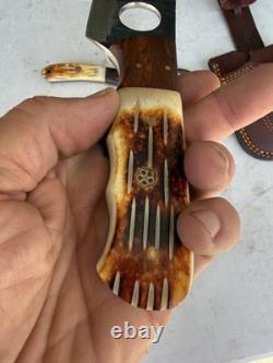 Titan Damascus Steel Hunting Knife 3 Piece Set Handmade Leather Sheath Holster