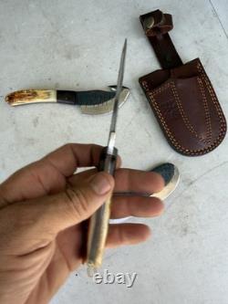 Titan Damascus Steel Hunting Knife 3 Piece Set Handmade Leather Sheath Holster