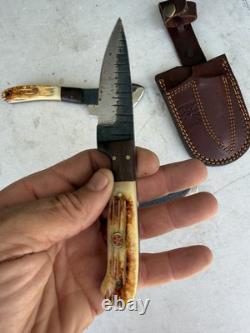 Titan Damascus Steel Hunting Knife 3 Piece Set Handmade Leather Sheath Holster