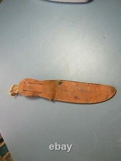 VINTAGE 1960s 70s WESTERN BOWIE KNIFE with ANTLER HORN & LEATHER BELT SHEATH