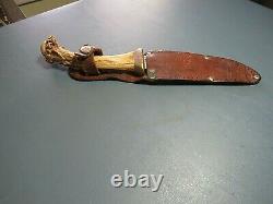 VINTAGE 1960s 70s WESTERN BOWIE KNIFE with ANTLER HORN & LEATHER BELT SHEATH