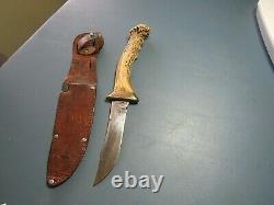 VINTAGE 1960s 70s WESTERN BOWIE KNIFE with ANTLER HORN & LEATHER BELT SHEATH